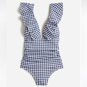 New J. Crew Ruffled Gingham Swimsuit Size 12 BX681 Dark Evening Ruched